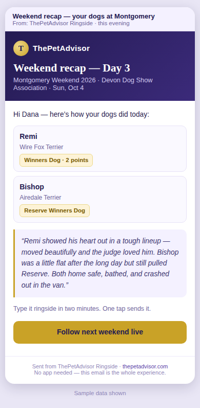 An end-of-day recap email to a client with per-dog results and the handler's written recap